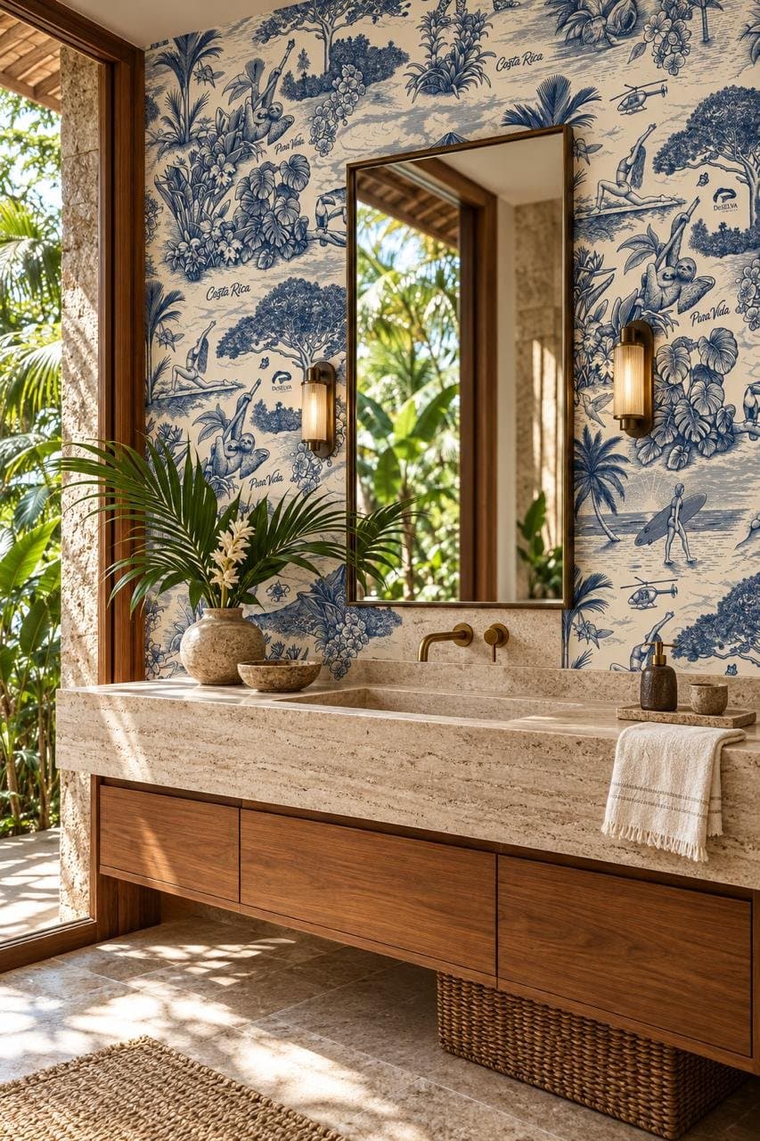 Baño con papel tapiz del estampado Selva Azul