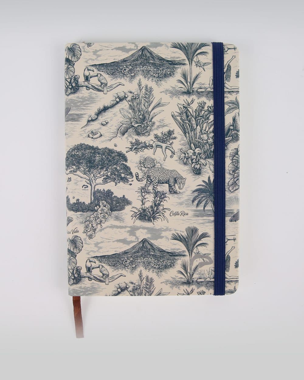 Libreta con tapa de tela estampada en azul, vista de frente